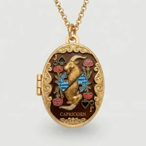 Exquisite gold plated oval locket necklace featuring vintage Capricorn zodiac tarot card enamel design.
