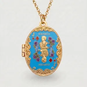 Gold-plated oval locket necklace featuring blue enamel and Aquarius zodiac design detail.