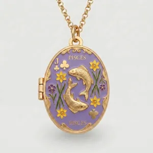 Gold plated oval zodiac locket necklace featuring a purple enamel pisces design detail.