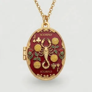 Detailed close-up of gold-plated oval zodiac Scorpio locket necklace with exquisite enamel.