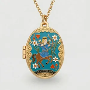 Gold plated oval zodiac locket necklace, Sagittarius pendant with enamel details for women.