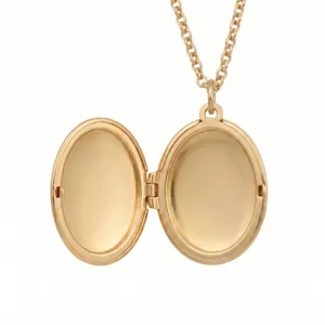 Close-up detail of a shiny gold oval locket necklace with openable hinged pendant design.