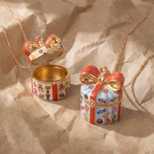 Exquisite gift box openable pendant necklace with colorful enamel toy patterns for women.