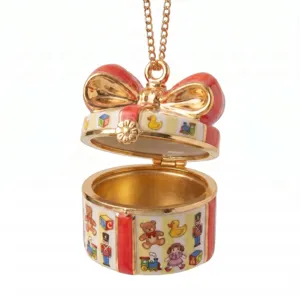 Gold plated openable gift box pendant necklace with cute toy enamel patterns for women jewelry