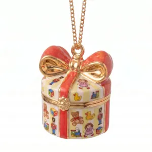 Exquisite gift box pendant necklace with gold chain, enamel toy patterns, elegant jewelry gift.