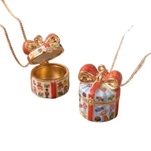 Gold plated gift box openable pendant necklace with cute toy and candy enamel details.