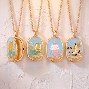 Collana a Medaglione in Rame con Gatto Sirena Placcato Oro Smalto Animale Ciondolo per Donna Gioielli Vintage per Amanti dei Gatti