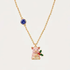 Vergulde geëmailleerde schattige varken hanger ketting met blauwe kristal dierenriem