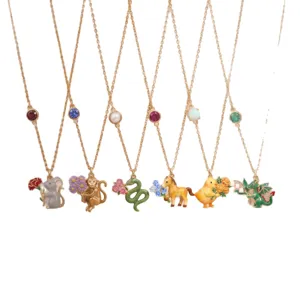 Modieuze 12 dierenriem dier bloem hanger ketting, vergulde geëmailleerde sieraden.