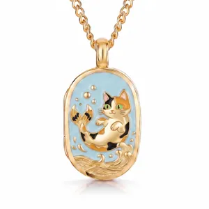Collana con ciondolo a medaglietta dorata con gatto calico sirena smaltato grazioso.