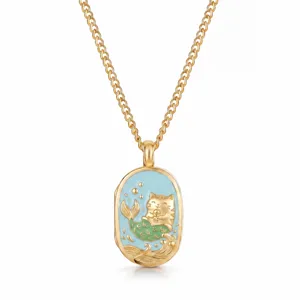 Collana con ciondolo medaglione gatto sirena dorato, design smaltato unico catena.