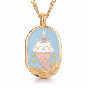 Squisita collana con ciondolo a medaglione in rame e design gatto sirena astratto.