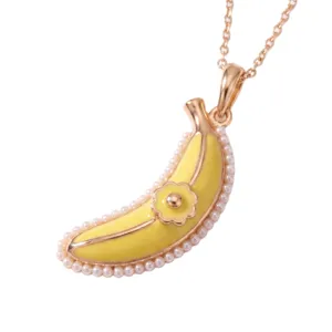Chic banana pendant necklace with faux pearl border, enamel yellow fruit charm for women stylish.