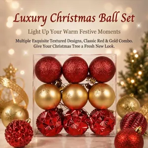 Detailed shot of luxury Christmas ball set in clear box, red gold glitter decor ornaments.