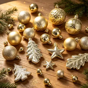 Vista detallada de bolas de Navidad doradas y adornos de estrellas para la decoración.