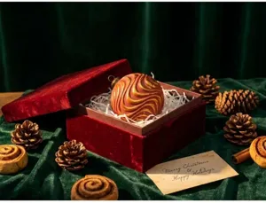 Vintage Christmas ball ornament detail shot, retro swirled design in velvet gift box.