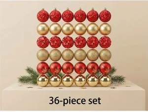 Vista detallada del juego de 36 bolas de Navidad decorativas, adornos rojos y dorados.