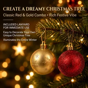Close-up detail of red and gold plastic Christmas balls with snowflake patterns hanging on tree.