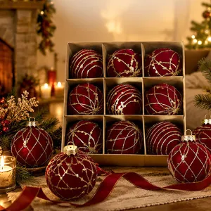Luxury Flocked Velvet Christmas Balls Ornaments Hand Painted Gold Glitter Sequins Xmas Tree Hanging Baubles Set For Holiday Party Home Decor