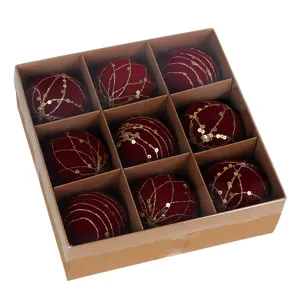 Flocked velvet Christmas balls set of 9, 8cm red ornaments with gold glitter for holiday decor.