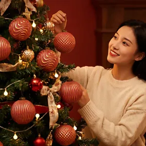 Retro red Christmas tree balls 8cm set festive hanging ornaments for holiday home decor