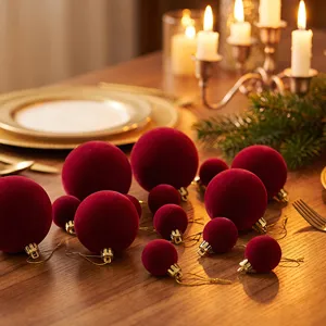 Burgundy velvet flocked Christmas balls set, perfect holiday tree hanging decoration.