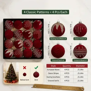 Bolas de Navidad de terciopelo 16 pzas 8cm lujosas esferas rojas decoración árbol