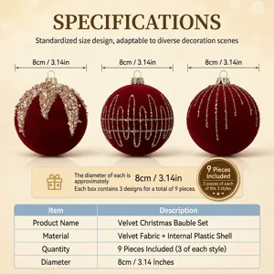 Red velvet Christmas baubles set, 8cm glitter ball hanging ornaments for holiday tree decor.