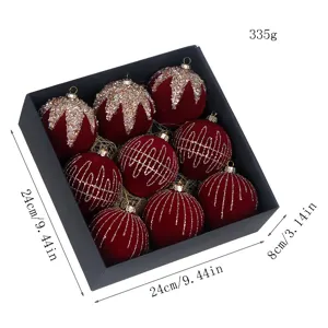 Luxury velvet Christmas balls set with gift box, red holiday tree hanging decorations 24cm