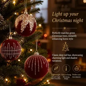 Luxury Flocked Christmas Balls Ornaments Velvet Painted Glitter Xmas Tree Hanging Decorations For Holiday Party Home Decor Set
