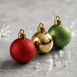 Close-up detail of three colorful Christmas baubles in red, gold, and green on grey surface.