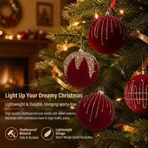Bolas de Navidad de terciopelo burdeos con detalles brillantes, adornos irrompibles.