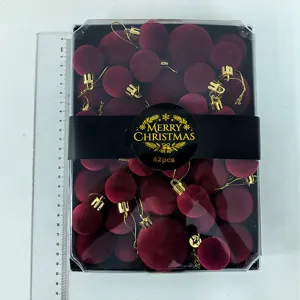 Burgundy velvet Christmas ornaments boxed 42pcs Xmas tree hanging ball decorations.