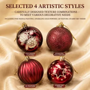 Set de bolas de navidad rojas, adornos festivos decorativos con 4 estilos artísticos únicos.