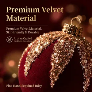 Velvet Christmas ball ornament with sequin embroidery, luxury holiday hanging decor for tree.