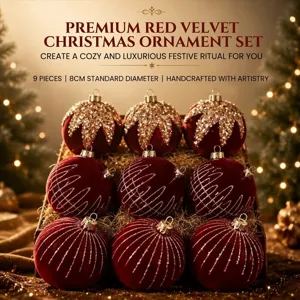 Velvet Christmas balls set of 9, 8cm luxury red flocked ornaments for holiday tree decor.