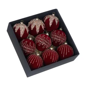 Set of 9 red velvet Christmas tree balls with gold glitter painted holiday hanging ornaments