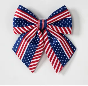 American flag ribbon bow detail, patriotic star and stripe pattern, festive decoration fabric accessory.