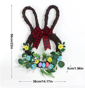 Easter bunny wreath door hanging with plaid bow eggs spring home wall decor 56cm