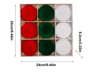 Boxed flocked Christmas balls set, 9pcs 8cm round ornaments in red green white for tree decor