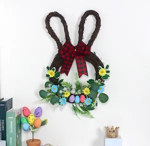 Easter bunny wreath detail view, rustic rattan wall hanging with colorful eggs and plaid bow.