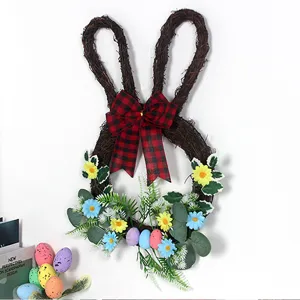 Easter bunny wreath with red plaid bow and colorful eggs, perfect for spring door and wall decor.