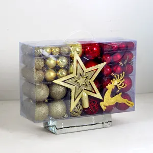 102 Stk. Weihnachtskugeln Set mit Baumspitze Stern und Rentier in transparenter PVC Box.