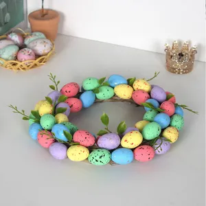 Close-up detail of the colorful speckled Easter egg wreath for festive holiday decoration.