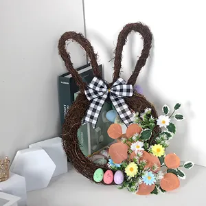 Easter bunny wreath detail, rustic twig floral hanging decoration for spring home wall holiday.