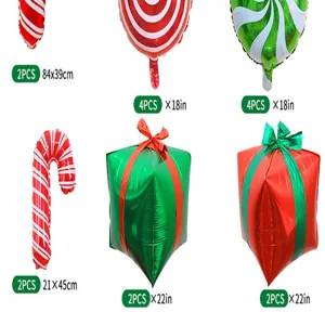 Dettaglio palloncino di alluminio natalizio con forme di bastoncino e scatola regalo.