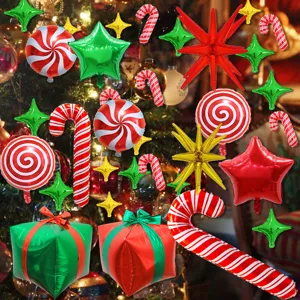 Set di Palloncini in Foil di Alluminio di Natale Rosso Verde Stella Esplosione Bastoncino di Zucchero Forma Regalo Decorazioni
