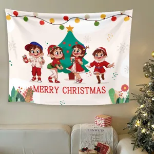 Vista dettagliata dell'arazzo da parete natalizio con un allegro design di cartoni animati.