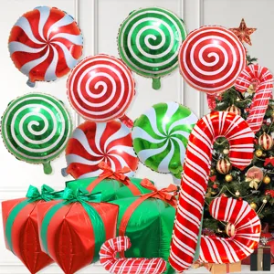 Set di palloncini in foil di Natale con forme di bastoncino di zucchero e pacco regalo.