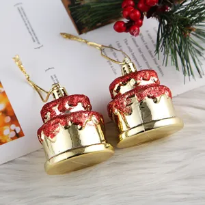 Adornos colgantes para árbol de navidad, diseño de pastel dorado con brillantina roja, fiesta.